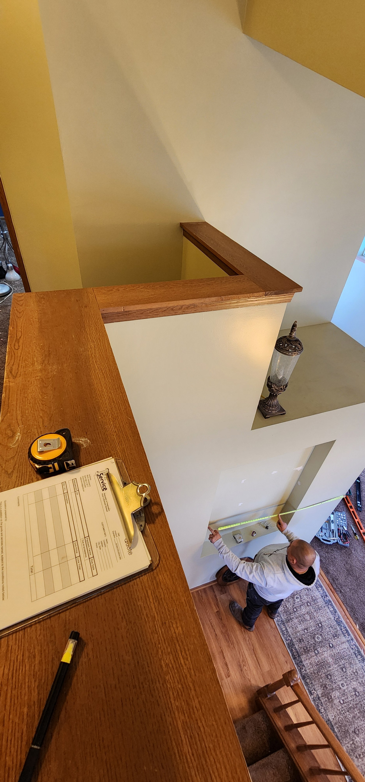 Opened Walls & Stringers, Box Newel White Oak Staircase with Iron