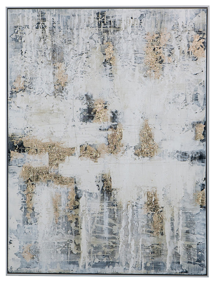 36x48" Framed Wall Art, Hand Painted, White, Gray, Gold Brush Strokes