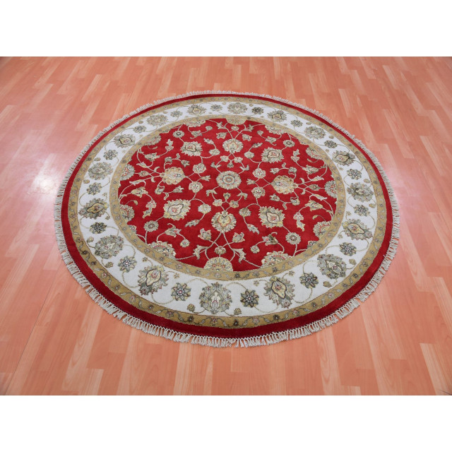 Exotic Red Hand Knotted Wool and Silk Rajasthan Design Round Rug 6'x6 ...