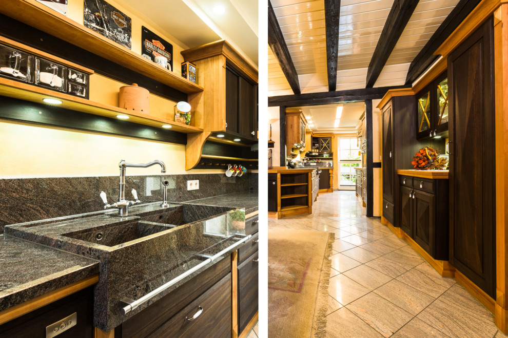 Large tropical galley kitchen in Stuttgart with brown cabinets.