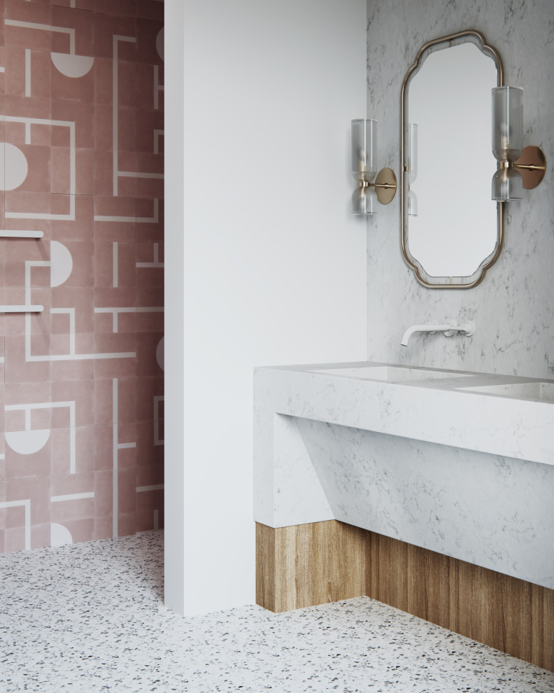 Пример оригинального дизайна: главная ванная комната среднего размера в современном стиле с отдельно стоящей ванной, красной плиткой, цементной плиткой, разноцветными стенами, полом из терраццо, монолитной раковиной, мраморной столешницей, серым полом, белой столешницей, тумбой под две раковины и встроенной тумбой