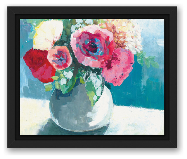 DARK VASE OF PINK /& YELLOW ROSES FLOWERS FLORAL PAINTING ART REAL CANVAS PRINT