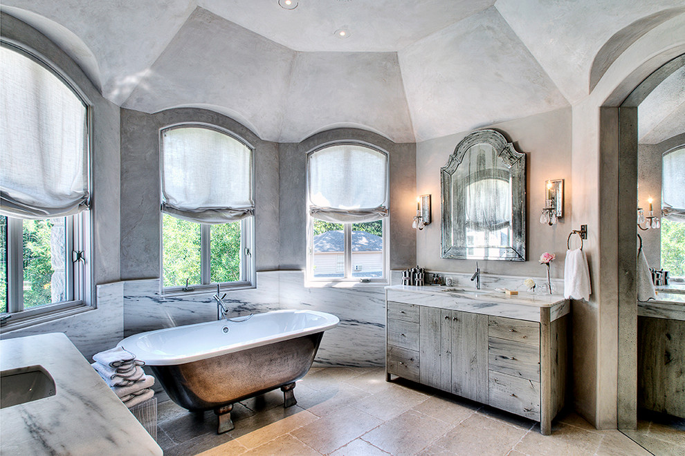 Photo of a contemporary bathroom in Houston with a freestanding tub.
