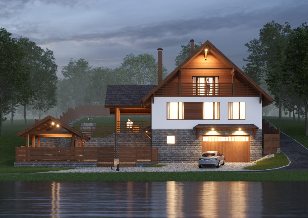 Проект 3-этажного 5-комнатного мансардного дома в стиле шале