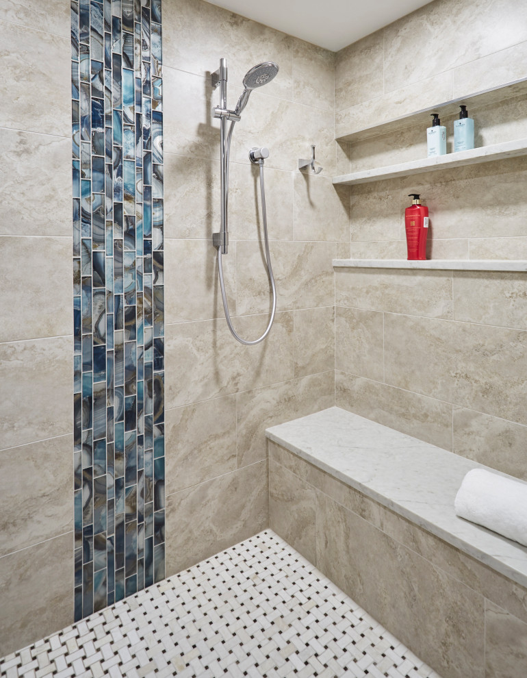 Alcove shower - mid-sized transitional master beige tile and porcelain tile porcelain tile, gray floor and double-sink alcove shower idea with recessed-panel cabinets, white cabinets, a one-piece toilet, gray walls, an undermount sink, quartz countertops, a hinged shower door, gray countertops and a built-in vanity