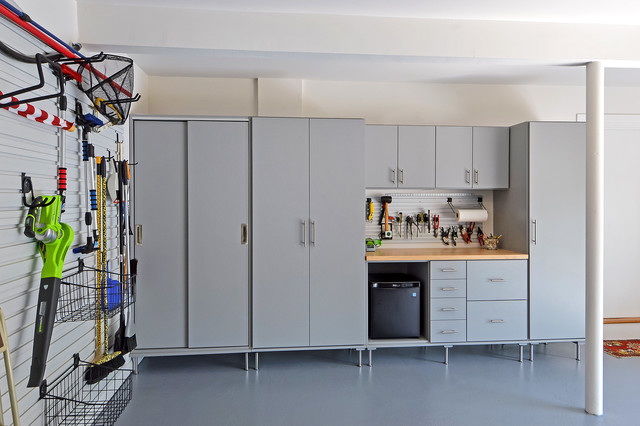 Fully Functional Garage With Tall Deep Cabinets Contemporary