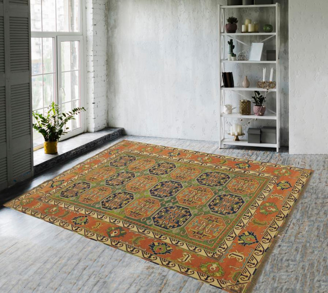 Antique Tribal Soumak Salley Green Rust Flat Weave Rug 9 3 X 11 8 Southwestern Area Rugs By Bareens Designer - Green Flat Weave Rug Antique Tribal Soumak Salley Green Rust Flat Weave Rug 9 3 X 11 8 Southwestern Area Rugs By Bareens Designer - Green Flat Weave Rug