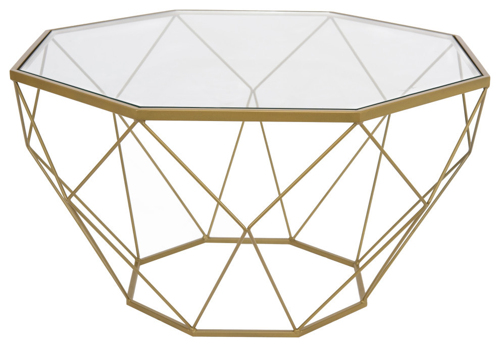 LeisureMod Malibu Modern Geometric Glass Top Coffee Table, Gold