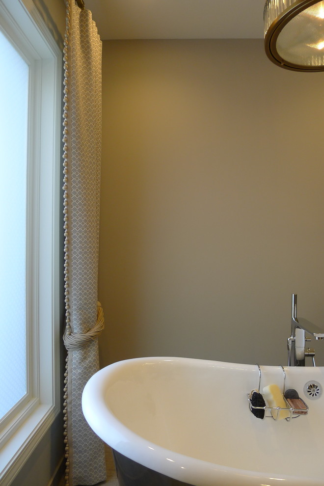 Home design - large transitional master gray tile and porcelain tile porcelain tile home design idea in Indianapolis with a drop-in sink, furniture-like cabinets, dark wood cabinets, solid surface countertops, a one-piece toilet and gray walls