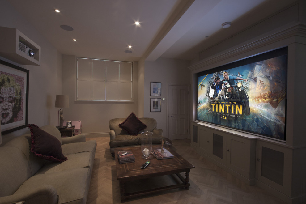 Inspiration for a classic home cinema in London.