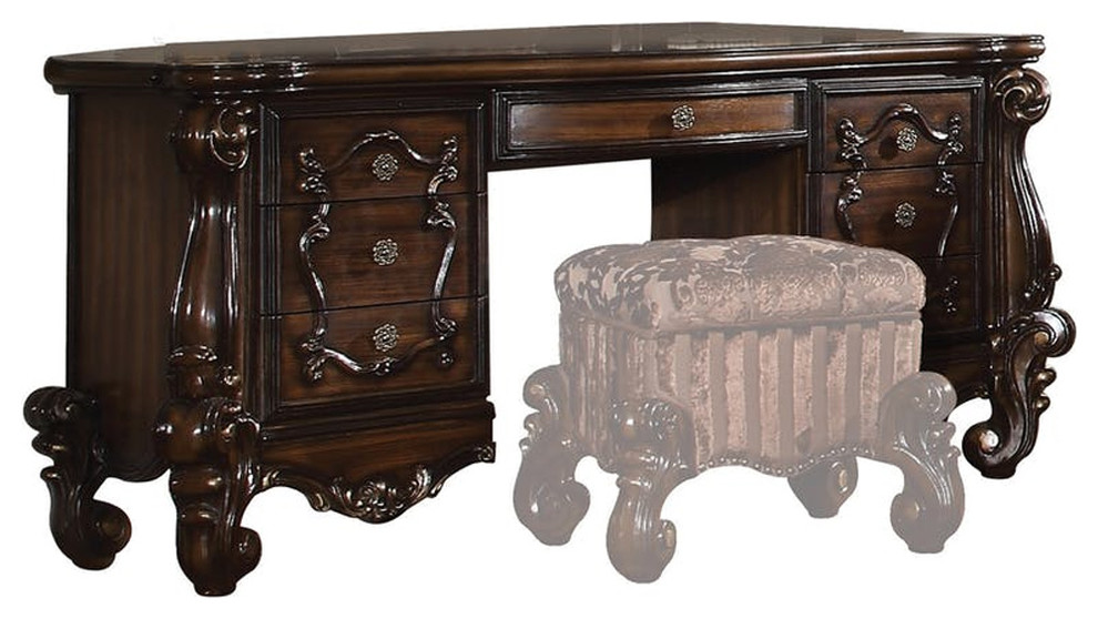 Wooden Vanity Desk With Seven Drawers, Cherry Oak Brown Victorian