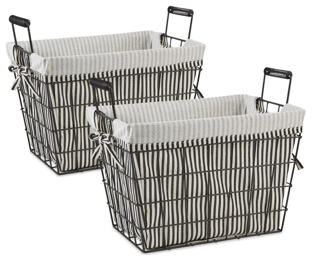 DII Asst Farmhouse Black Wire Black/White Ticking Stripe Liner Basket Set of 2