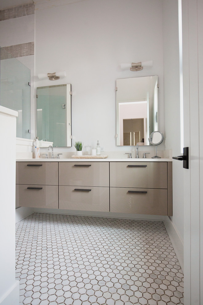Mid-sized contemporary master bathroom in Miami with flat-panel cabinets, beige cabinets, white walls, ceramic floors, a drop-in sink, quartzite benchtops, white floor, white benchtops, a double vanity and a floating vanity.