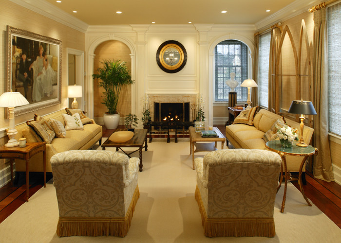 This is an example of a large traditional formal open concept living room in Other with a standard fireplace, yellow walls, dark hardwood floors, a tile fireplace surround, no tv and brown floor.