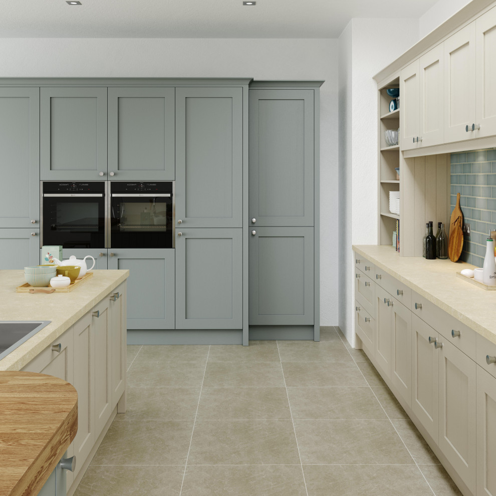 Design ideas for a traditional eat-in kitchen in Other with shaker cabinets, beige cabinets, blue splashback, with island and beige benchtop.