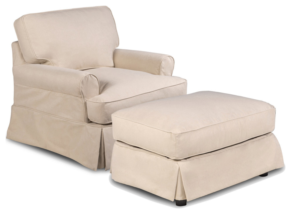 Horizon Slipcovered T-Cushion Chair with Ottoman | Performance Fabric | Tan