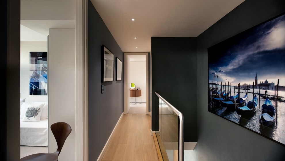 Mid-sized contemporary hallway in London with black walls and medium hardwood floors.