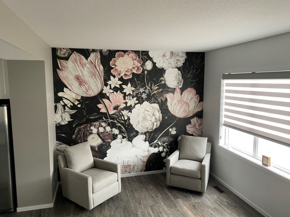 Photo of a large modern open plan living room in Calgary with black walls and wallpapered walls.