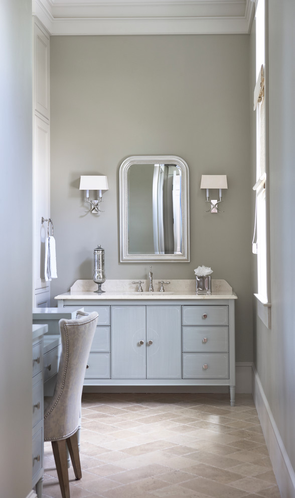 Inspiration for an expansive traditional master bathroom in Other with an undermount sink, flat-panel cabinets, grey cabinets, marble benchtops, a curbless shower, beige tile, stone tile, grey walls and travertine floors.