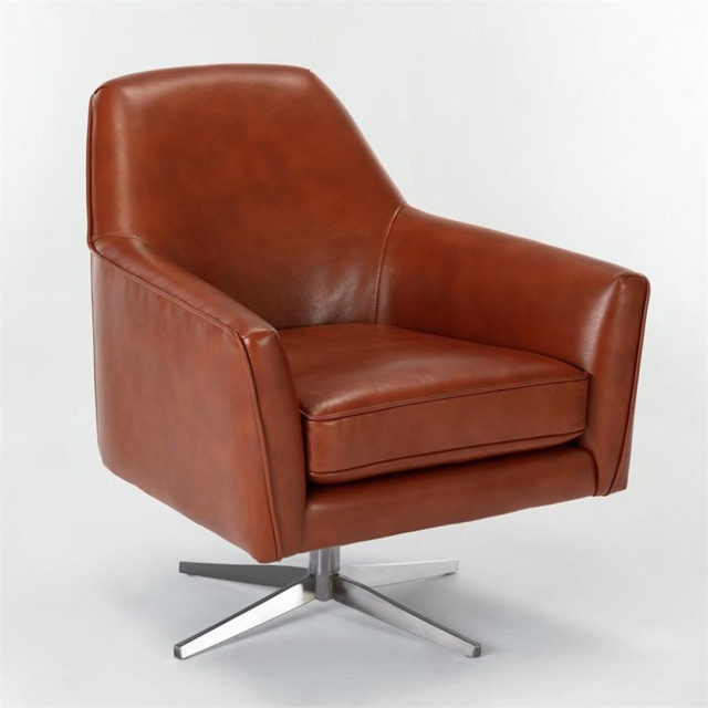 Bowery Hill MidCentury Faux Leather Swivel Armchair in Caramel Brown