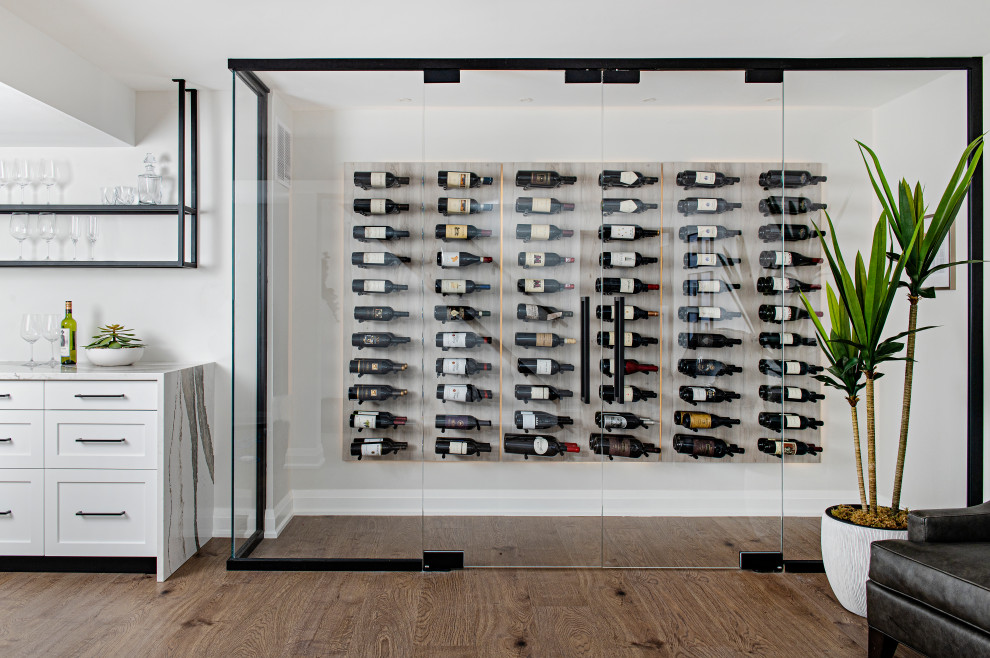 Inspiration for a large contemporary medium tone wood floor wine cellar remodel in Toronto with storage racks