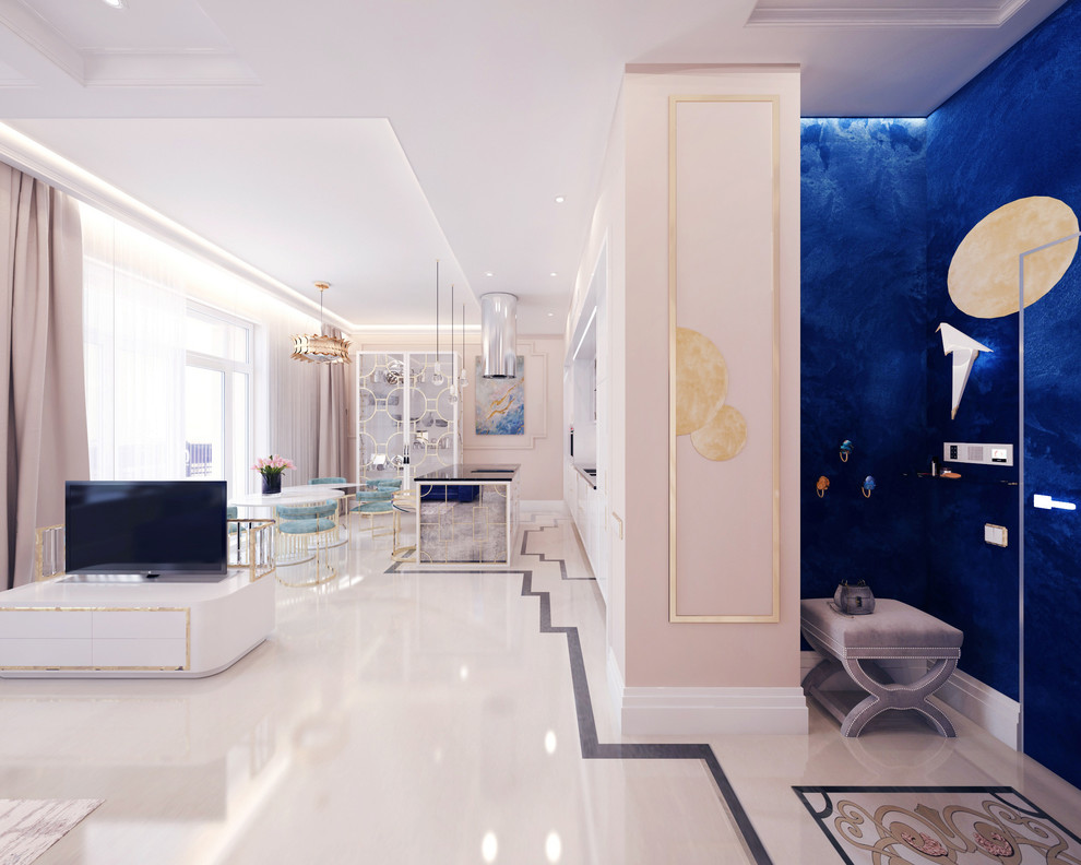 Вид на гостиную (зона кухни, столовой и входа)