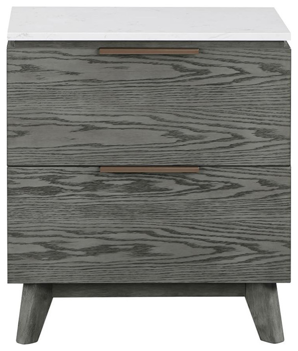 2 Drawers Faux Marble Top Nightstand With USB Port, White and Gray Midcentury Nightstands