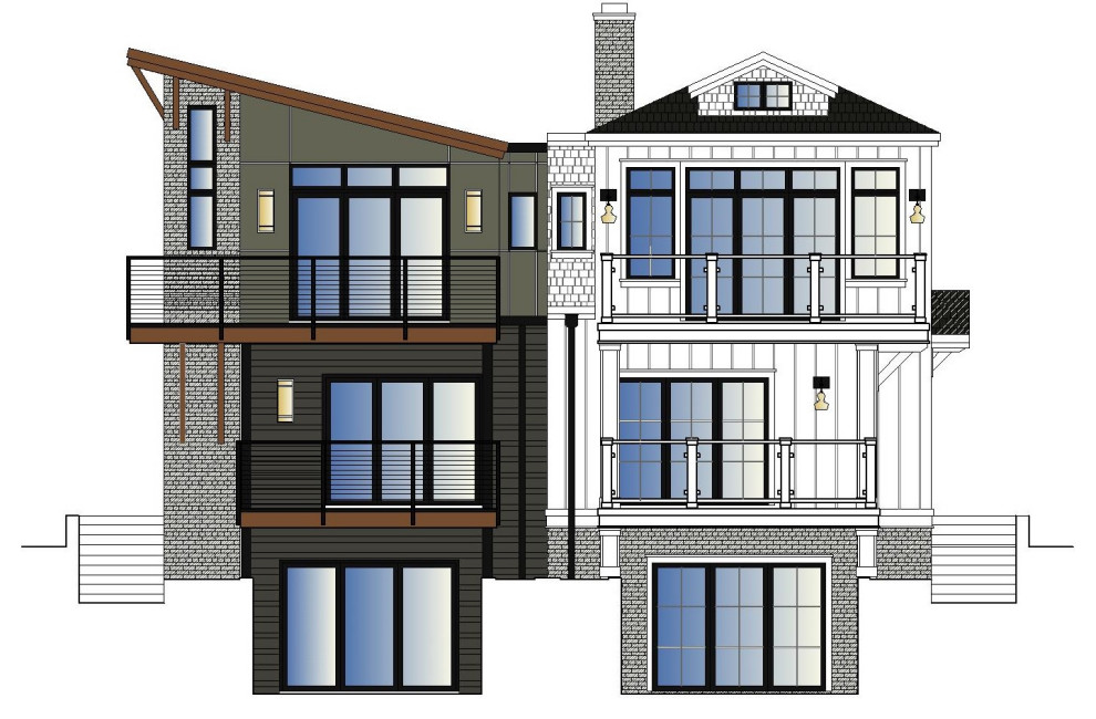 Kleine, Dreistöckige Stilmix Doppelhaushälfte mit Mix-Fassade, weißer Fassadenfarbe, Pultdach, Misch-Dachdeckung, schwarzem Dach und Wandpaneelen in San Diego