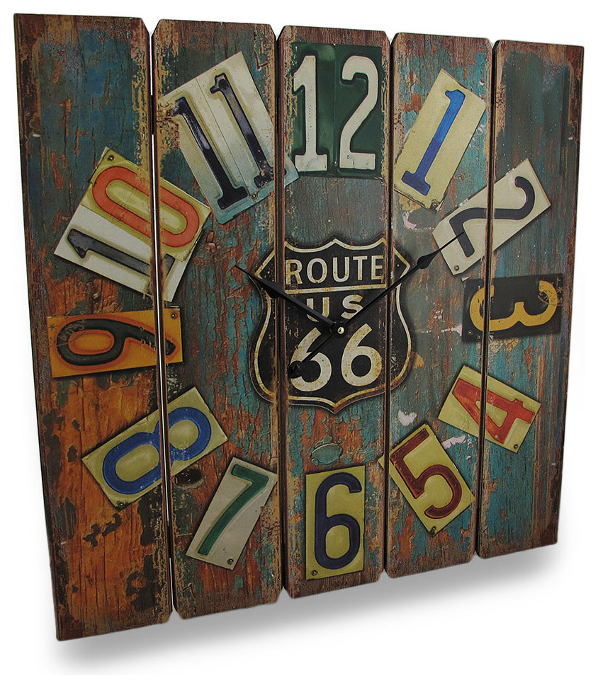 Wooden Route 66 Square Wall Clock Faux Distressed Finish