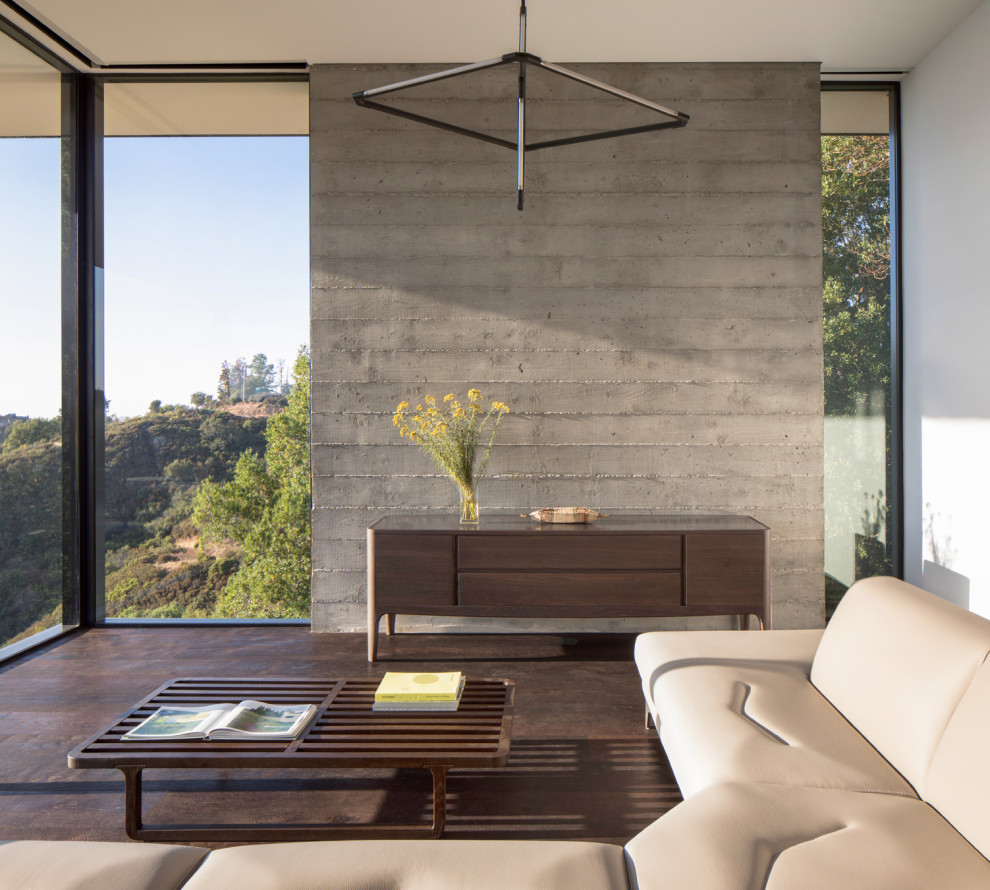 Mittelgroßes, Fernseherloses, Offenes Modernes Wohnzimmer ohne Kamin mit grauer Wandfarbe, dunklem Holzboden und braunem Boden in San Francisco