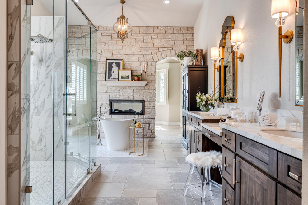 Bathroom - large mediterranean master gray floor, double-sink and vaulted ceiling bathroom idea in Other with shaker cabinets, dark wood cabinets, an undermount sink, a hinged shower door, white countertops and a built-in vanity