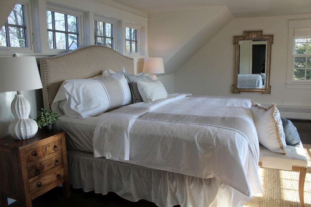 Mid-sized transitional master bedroom in Boston with white walls and dark hardwood floors.