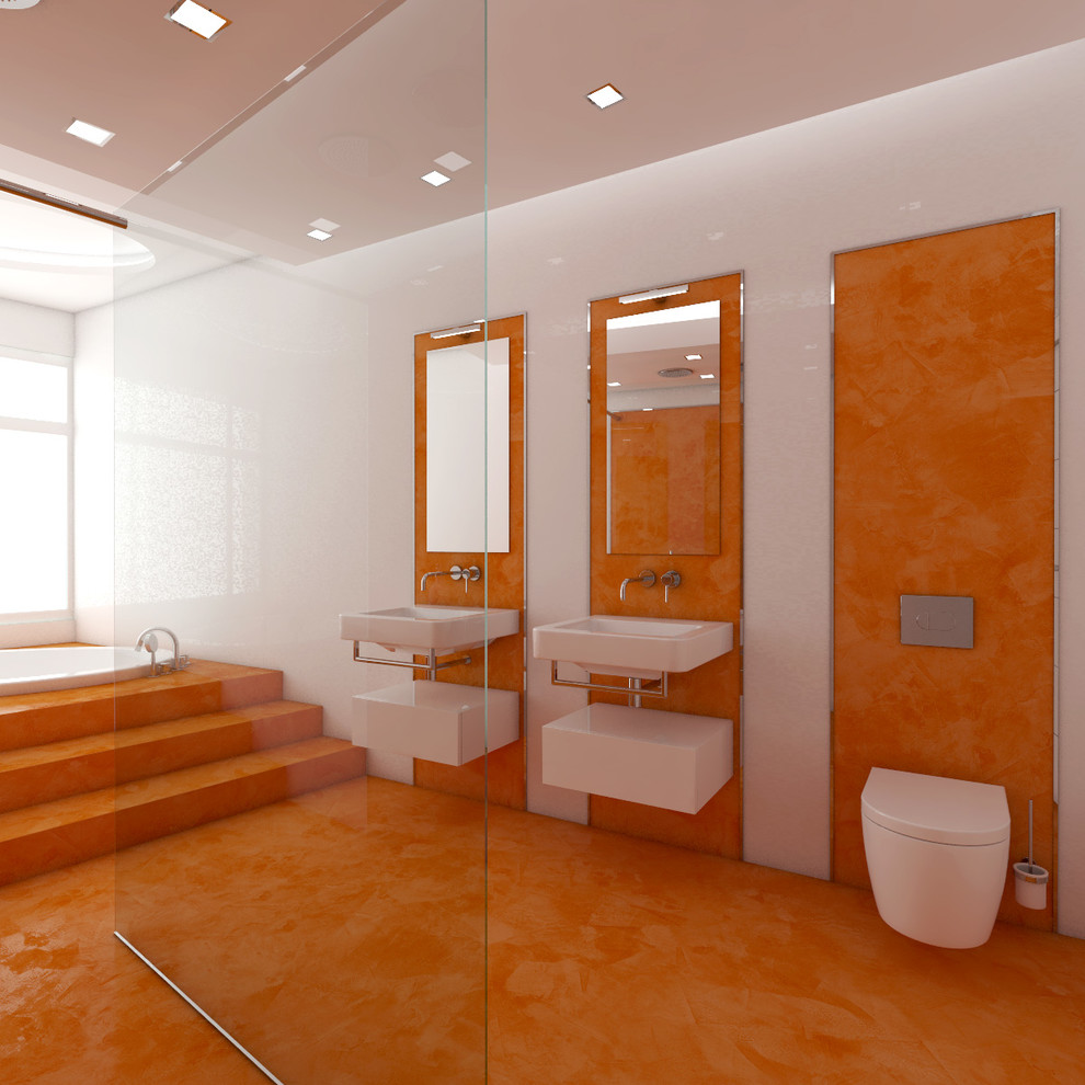 This is an example of an expansive modern kids bathroom in Other with white cabinets, a hot tub, an open shower, a wall-mount toilet, white tile, ceramic tile, orange walls, a wall-mount sink, orange floor and an open shower.