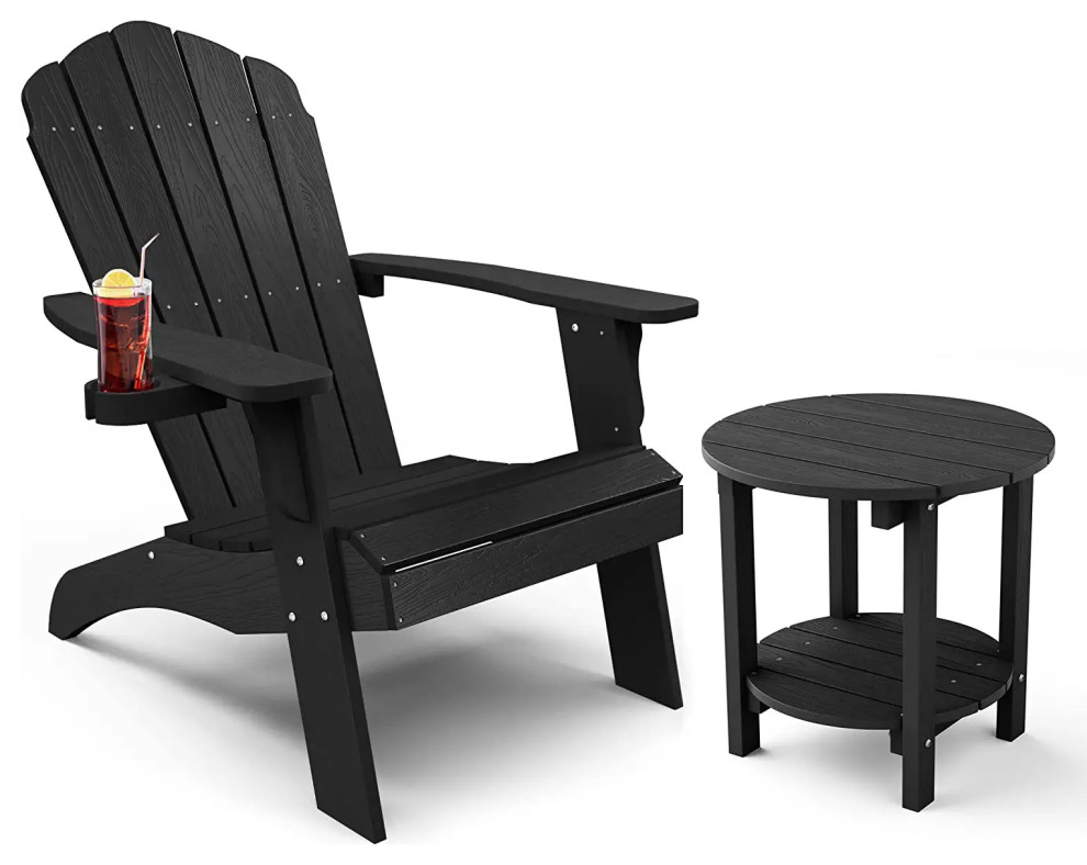 Outdoor Adirondack Chair With Round Table, Slanted Seat With Cup Holder