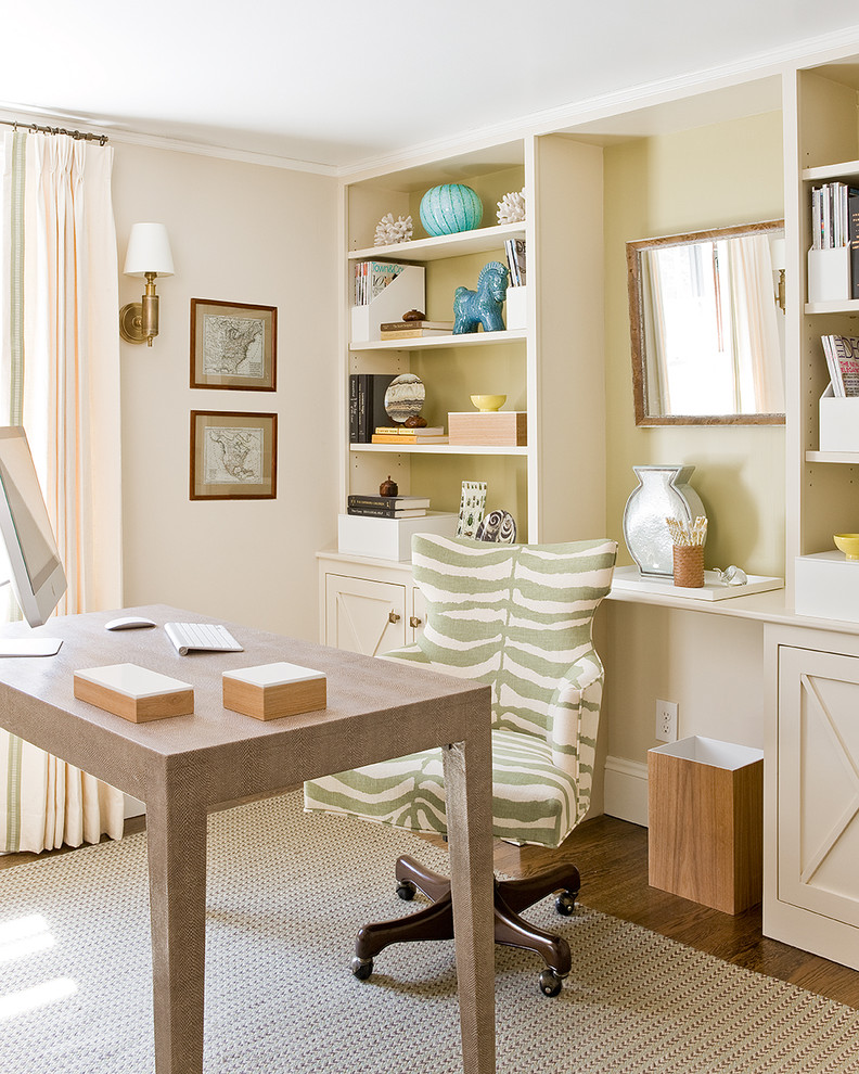 Design ideas for a beach style home office in Boston with beige walls, dark hardwood floors and a freestanding desk.