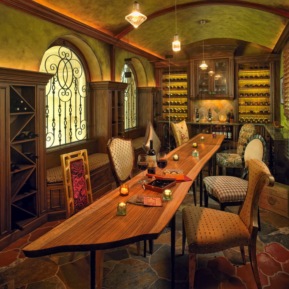 Traditional wine cellar in Miami with storage racks and multi-coloured floor.