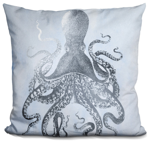 Silver Foil Octopus Ii On Blue Wash Decorative Accent Throw Pillow