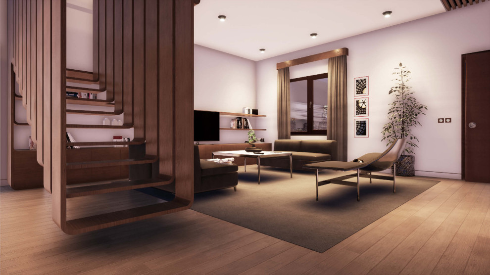 Photo of a mid-sized contemporary formal open concept living room in London with white walls, medium hardwood floors, a freestanding tv and brown floor.