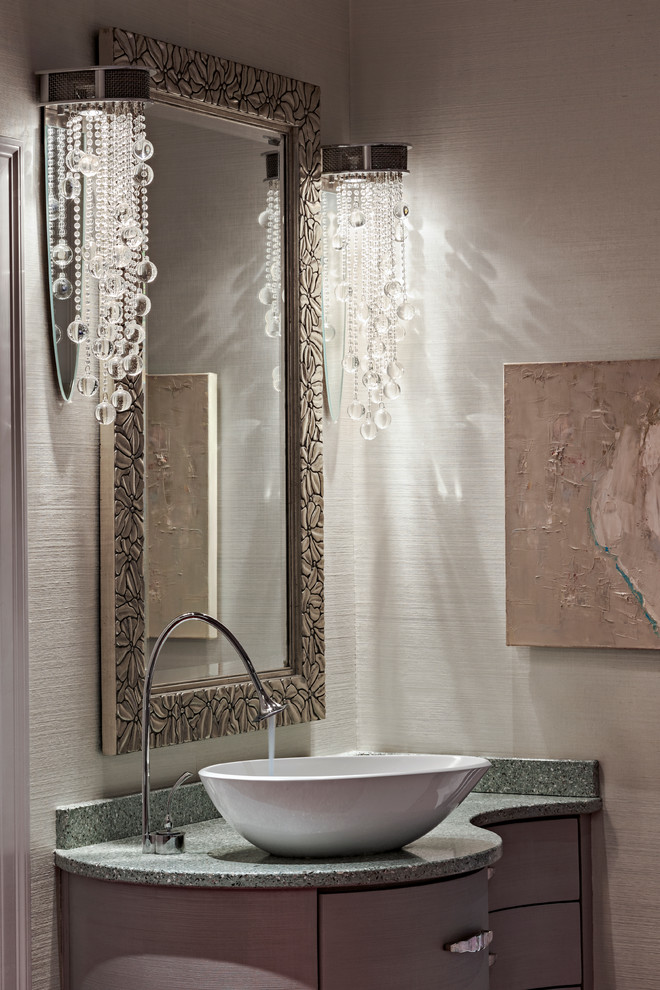 Bathroom - transitional bathroom idea in Bridgeport with light wood cabinets and a vessel sink