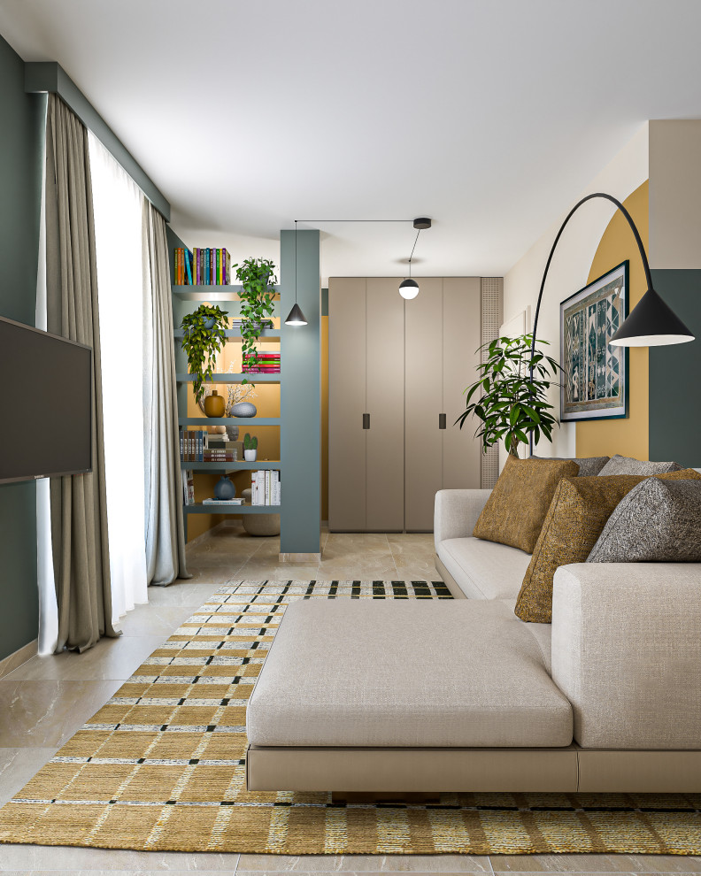 Inspiration for a medium sized contemporary open plan living room with a reading nook, multi-coloured walls, porcelain flooring, a wall mounted tv and beige floors.
