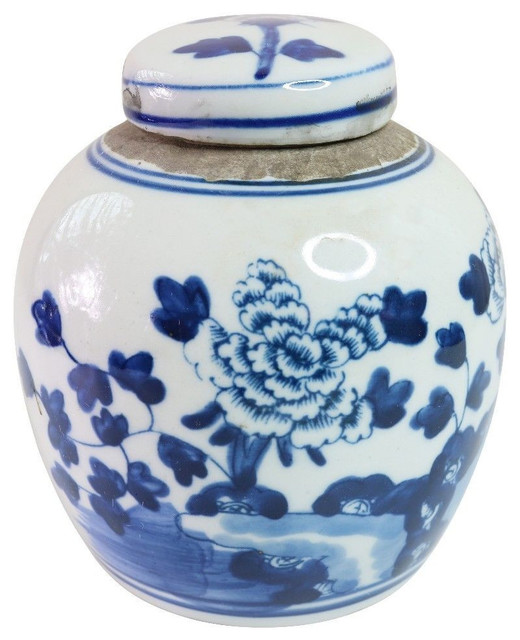 Blue and White Floral Porcelain Ginger Jar 4.5" Asian Decorative