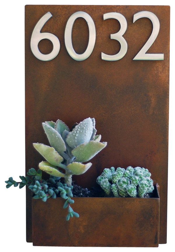 Metal Wall Planter and Address Plaque, Rust, With Numbers