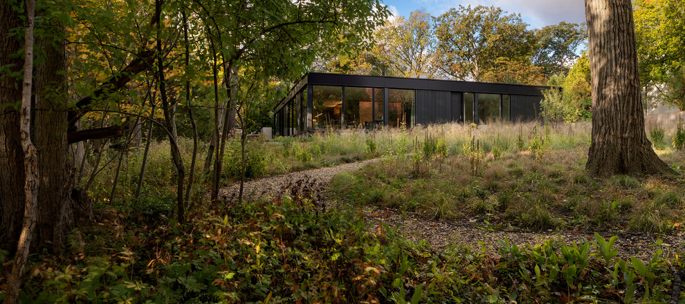 Inspiration for a modern one-storey black house exterior in Chicago with metal siding and a flat roof.