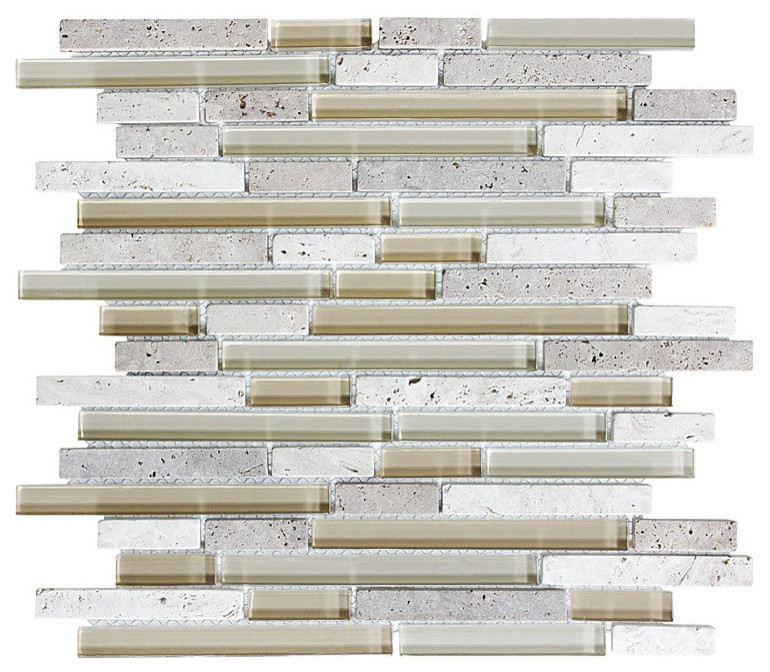 Bliss Creme Brulee Stone and Glass Linear Mosaic Tile, 4" X 6" Sample