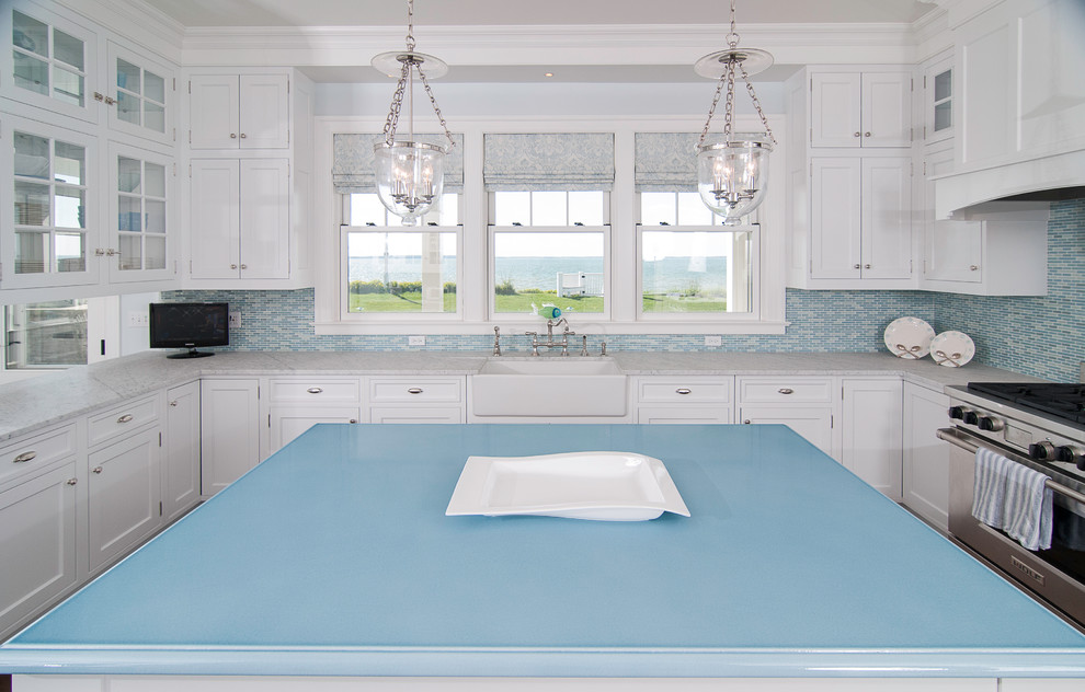 Inspiration for a traditional kitchen in New York with blue benchtop.
