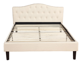 Classic Deluxe Linen Platform Bed With Wooden Slats Ivory