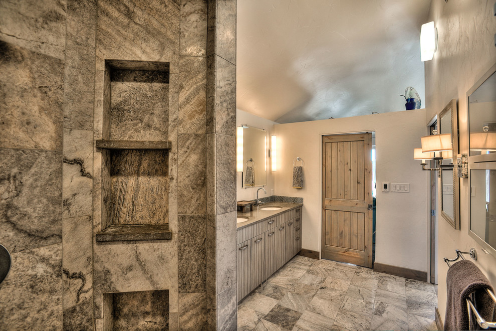 Mountain style master ceramic tile ceramic tile double shower photo in Denver with flat-panel cabinets, gray cabinets, a one-piece toilet, gray walls, an undermount sink and quartz countertops