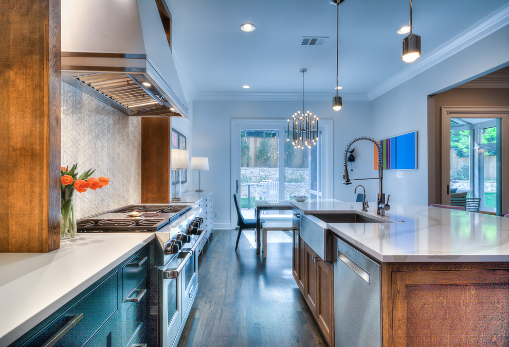 Inspiration for a transitional kitchen remodel in Austin with white backsplash and stone tile backsplash