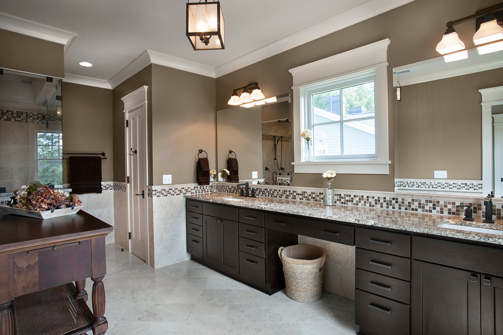 Design ideas for a transitional bathroom in Charleston with an undermount sink and brown walls.
