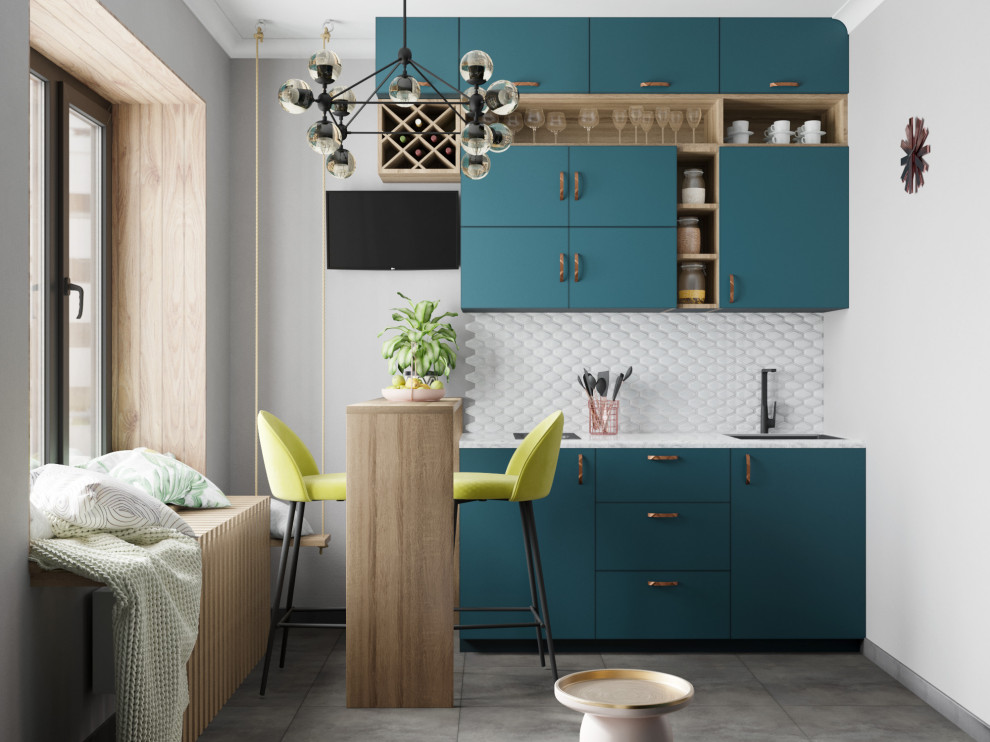 Photo of a mid-sized contemporary single-wall open plan kitchen in Moscow with a single-bowl sink, flat-panel cabinets, turquoise cabinets, wood benchtops, white splashback, ceramic splashback, black appliances, porcelain floors, no island, grey floor and brown benchtop.